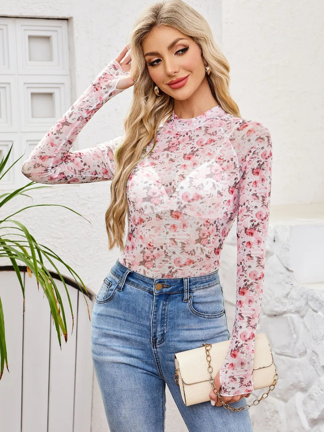 Floral Mock Neck Long Sleeve Top 