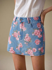 Floral Print Denim Skirt 