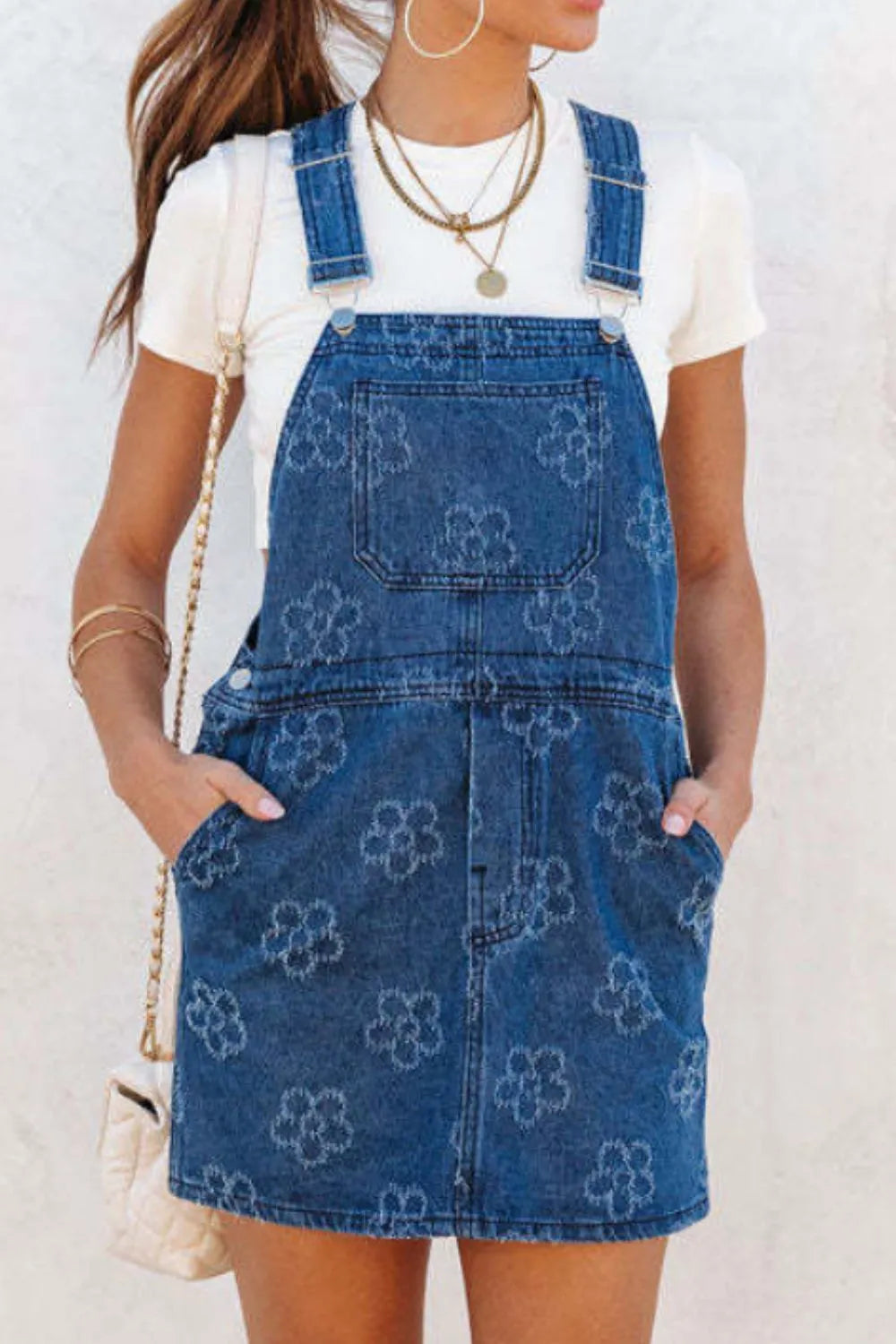 Flower Print Square Neck Denim Overall Dress 