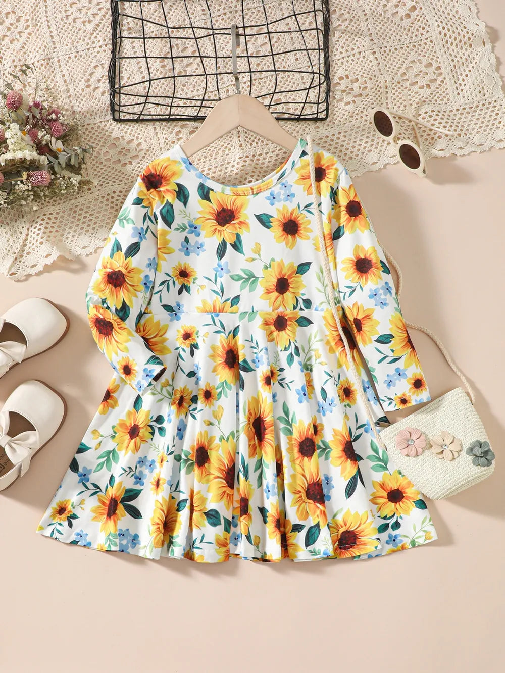 Kids Sunflower Print Round Neck Long Sleeve Dress 