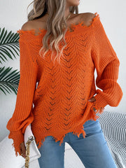 Distressed Hem Openwork Off-Shoulder Sweater 