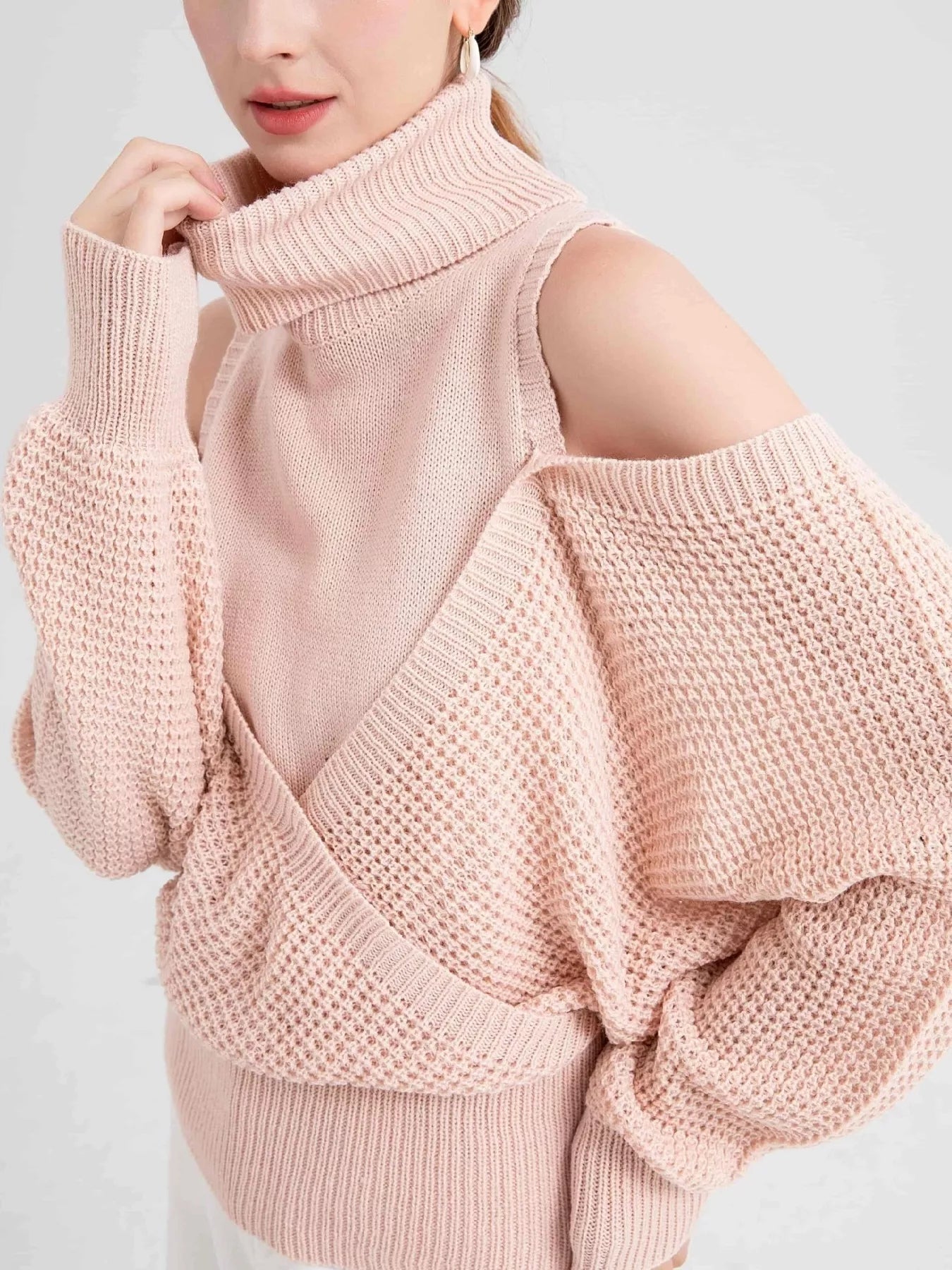 Waffle Knit Cold Shoulder Turtleneck Sweater 