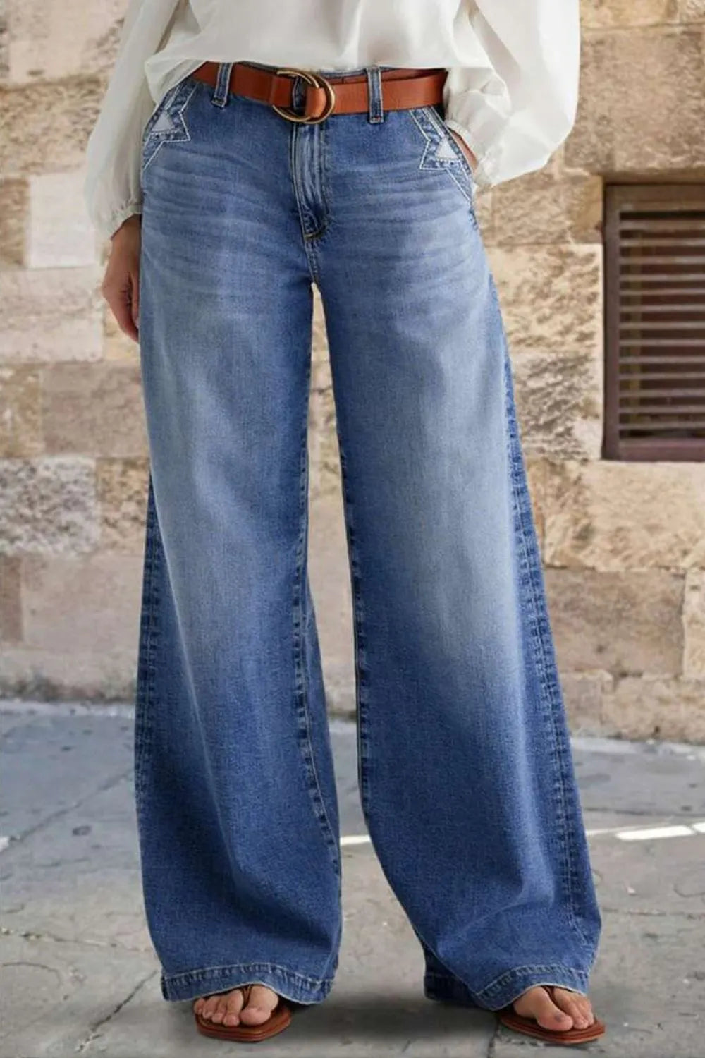 Pocketed Embroidered Straight Leg Jeans 