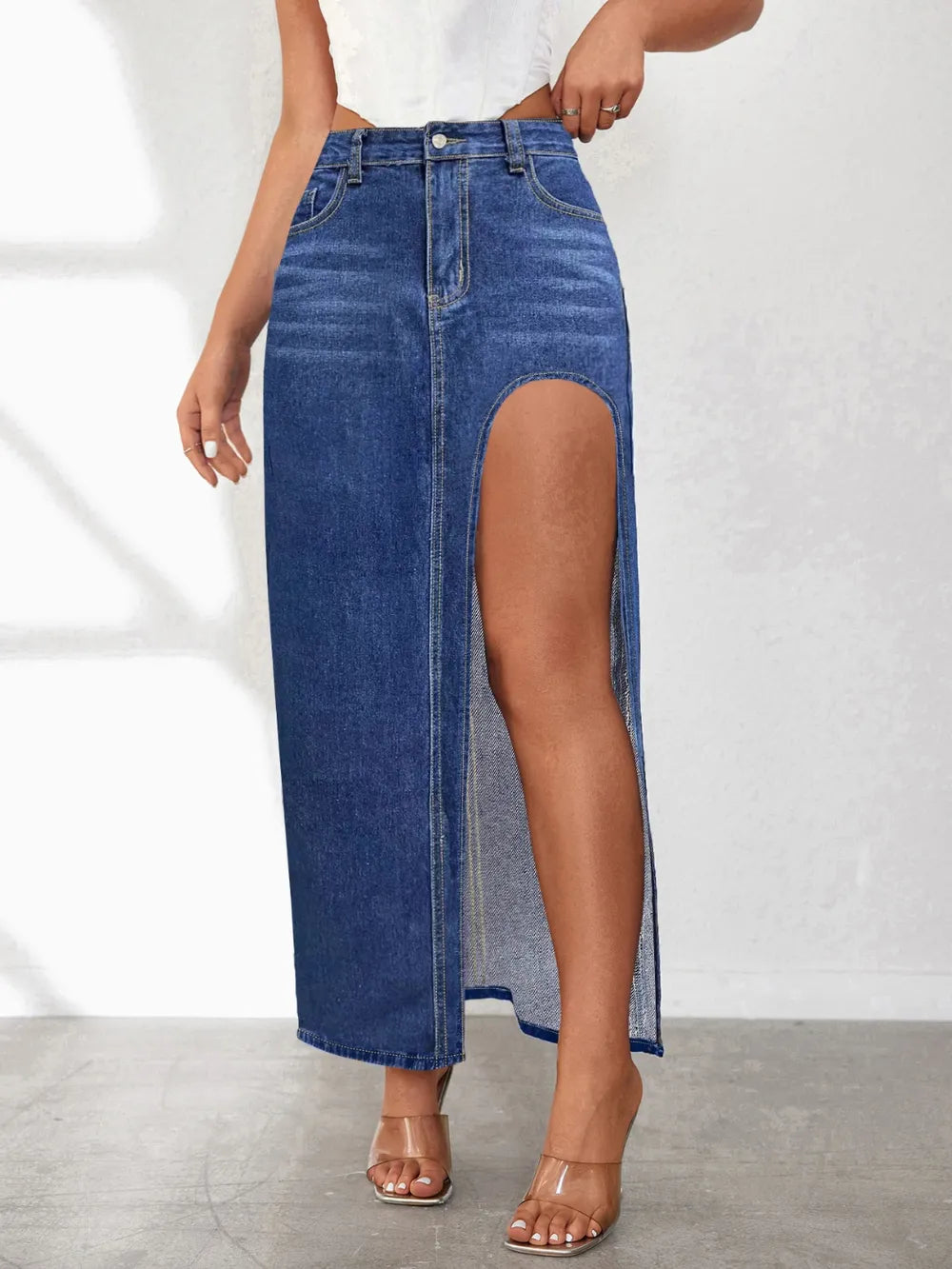 High Rise Slit Denim Skirt 