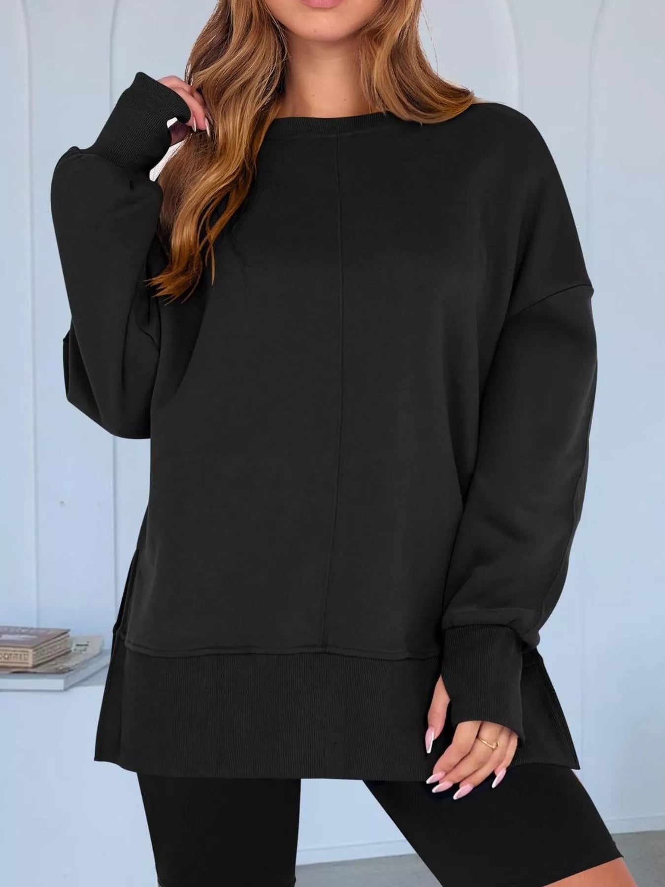 Side Slit Round Neck Long Sleeve Sweatshirt 