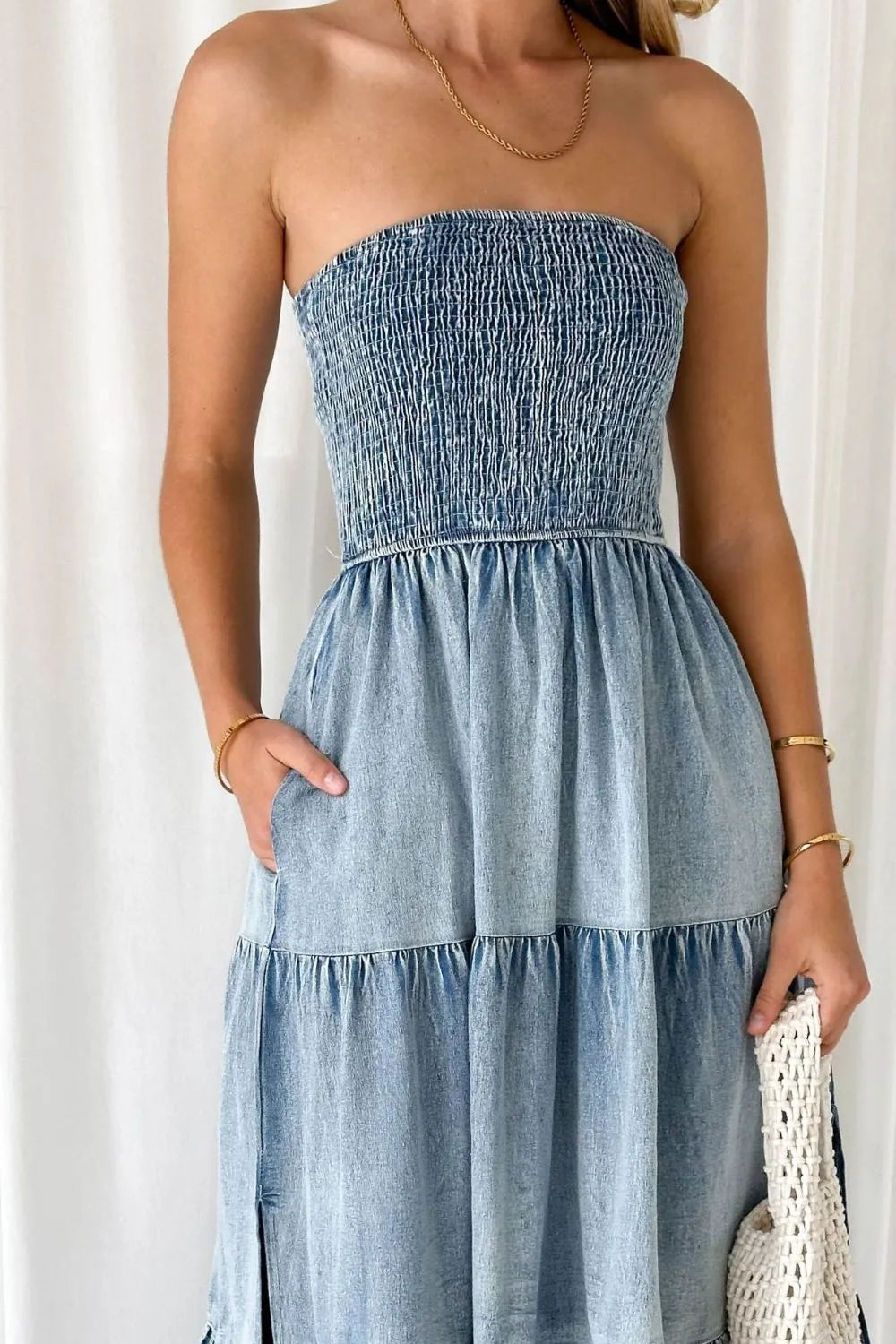 Smocked Tube Slit Tiered Denim Dress 