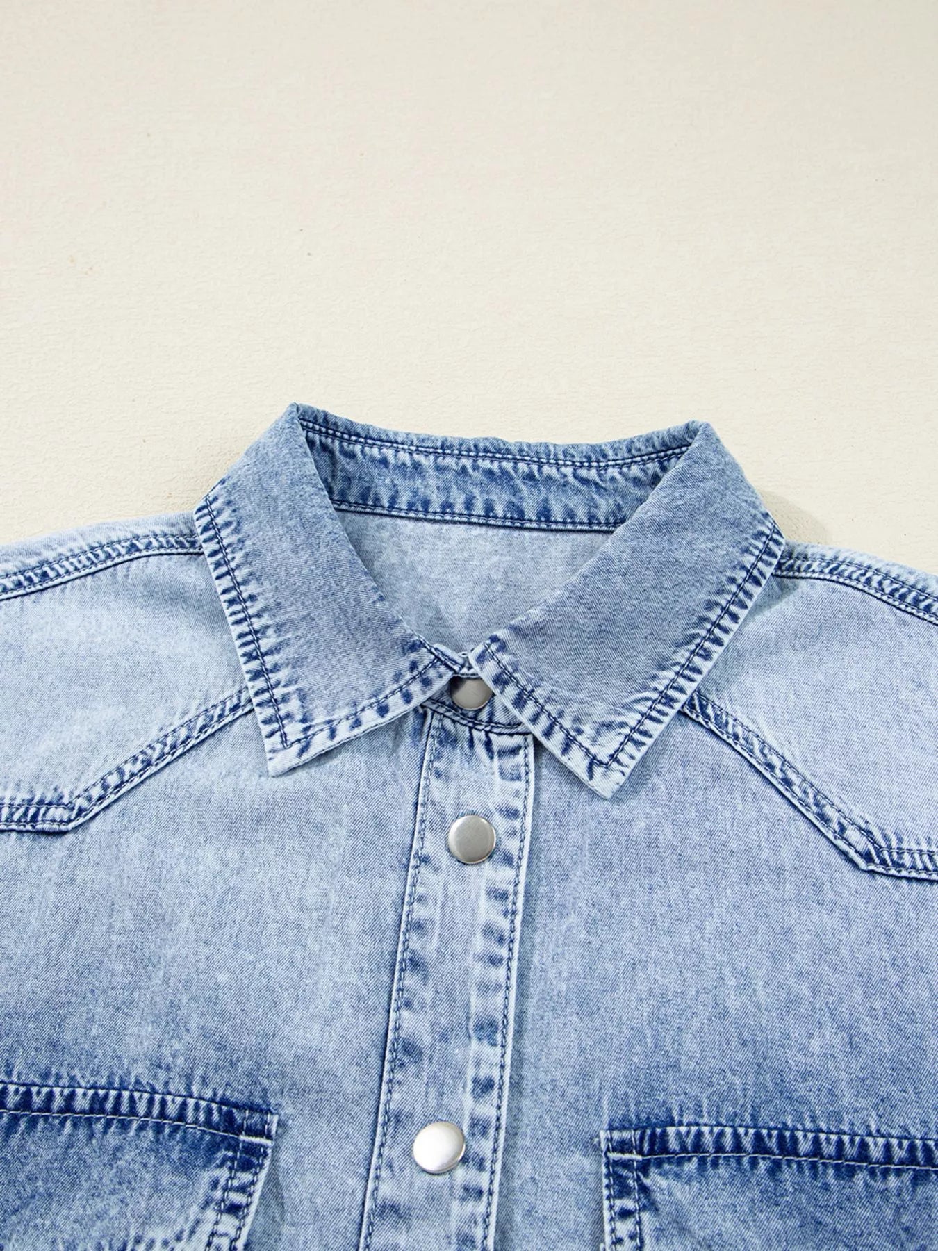 Chest Pocket Raw Hem Denim Loose Shirt Dress 