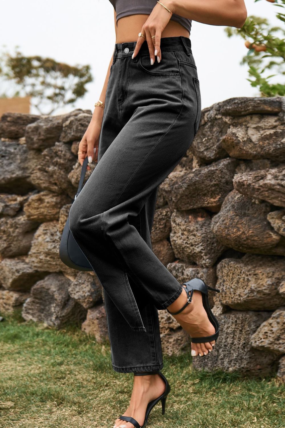 High Waist Loose Fit Ankle Slit Jeans 