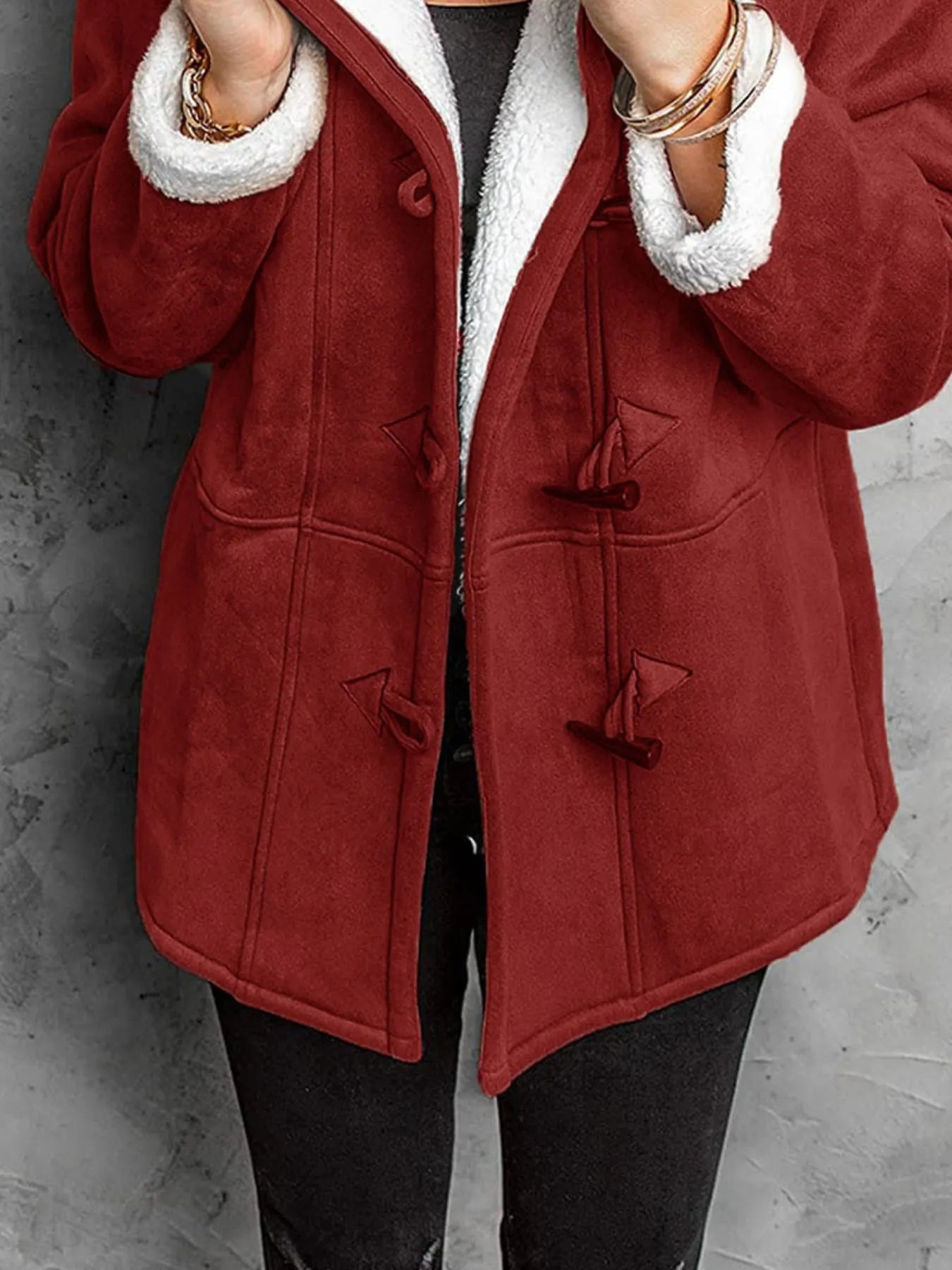 Full Size Cozy Sherpa Lined Toggle Coat with Hood Plus Size 