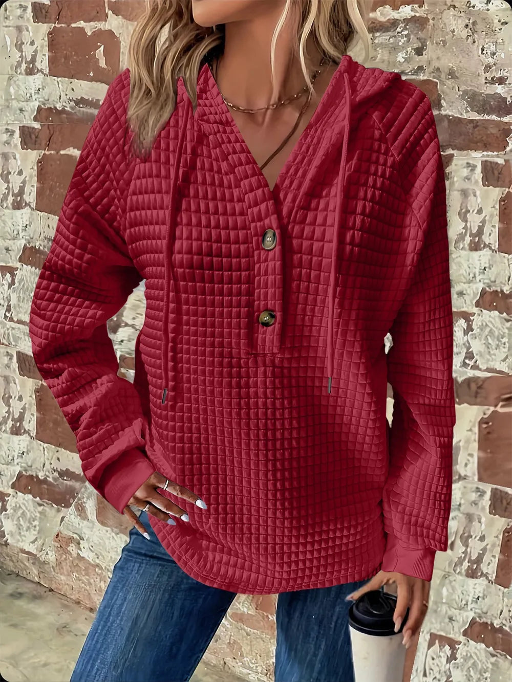 Full Size Texture Button Detail Drawstring Long Sleeve Hoodie 