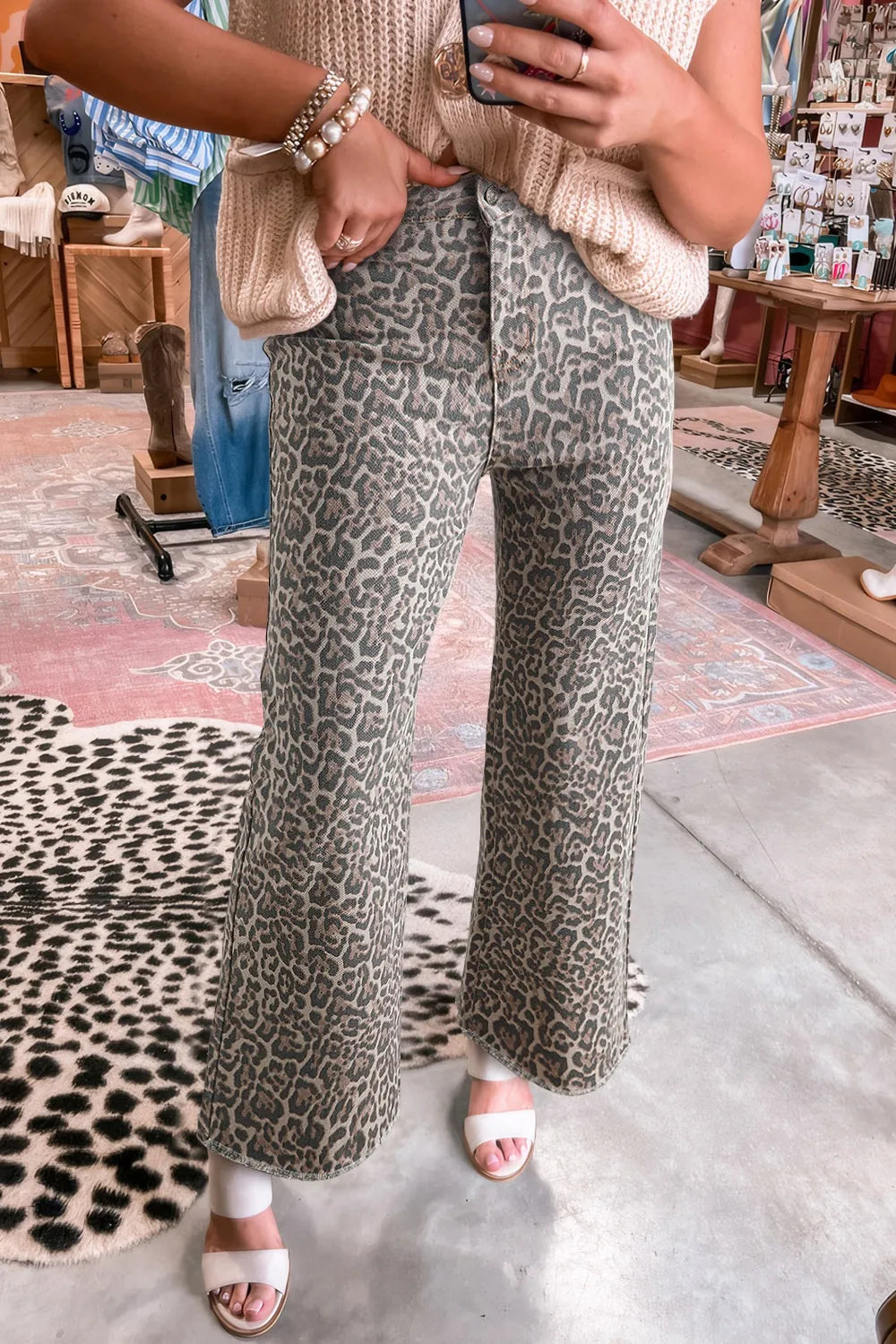 Leopard Frayed Edge Wide Leg High Waist Jeans 