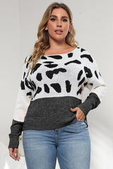 Plus Size Leopard Round Neck Long Sleeve Sweater 