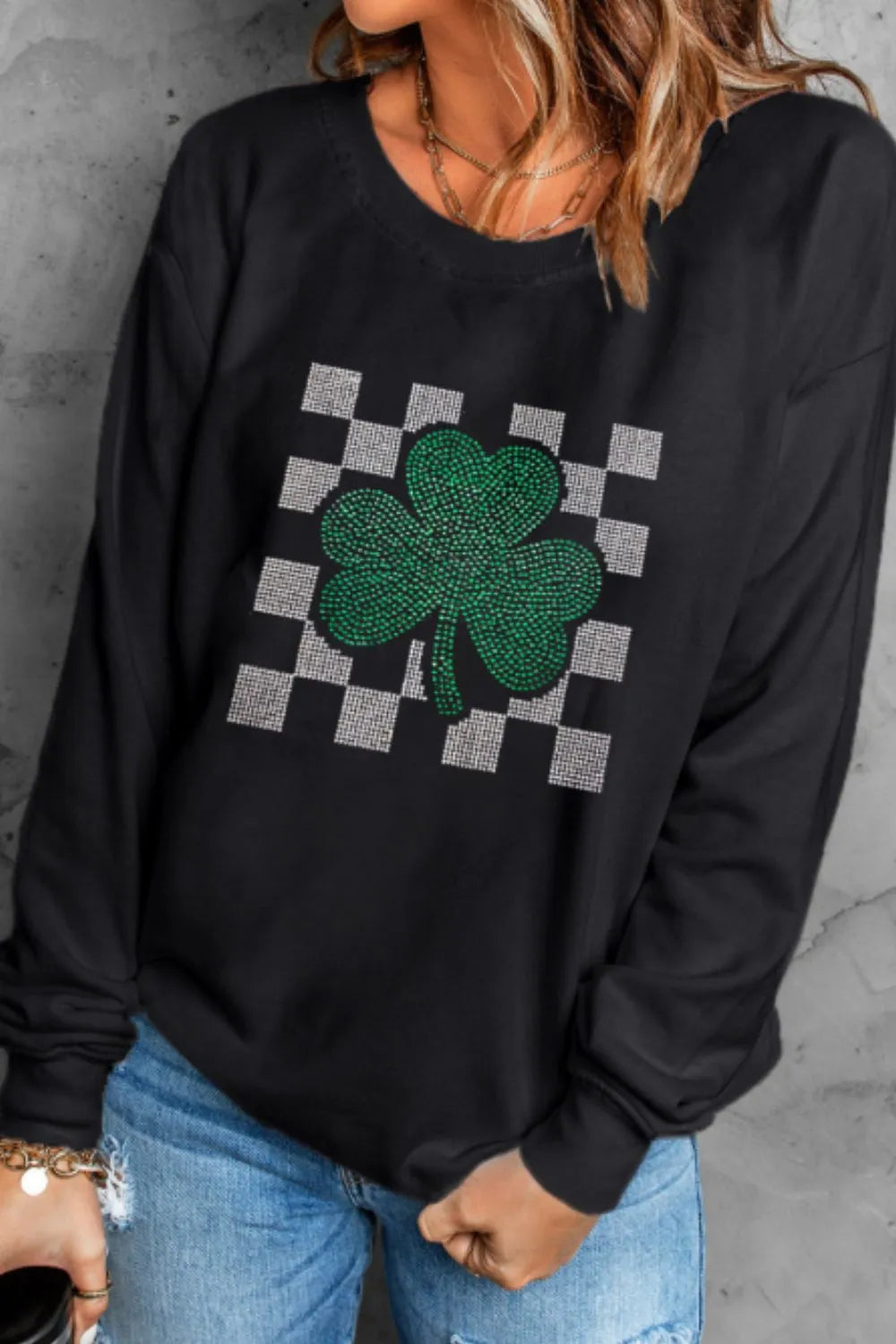Rhinestone Checkered Lucky Clover Round Neck Sweatshirt 