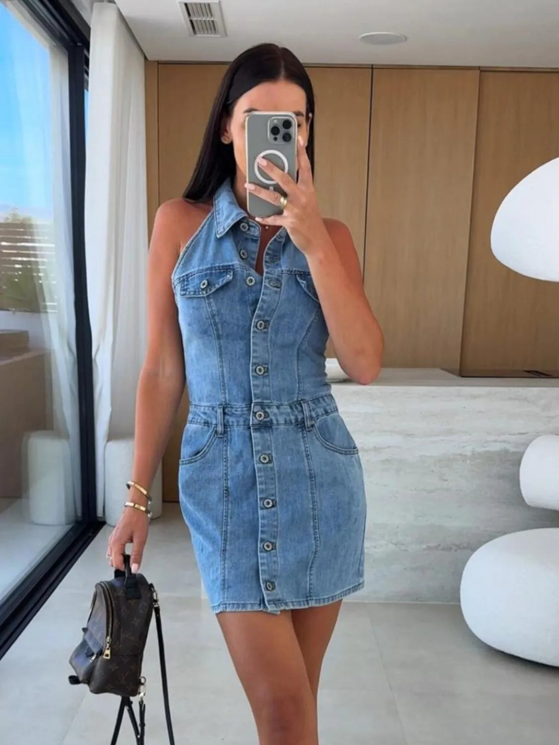 Button Front Sleeveless Denim Mini Dress 