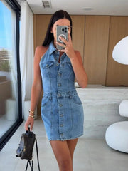 Button Front Sleeveless Denim Mini Dress 