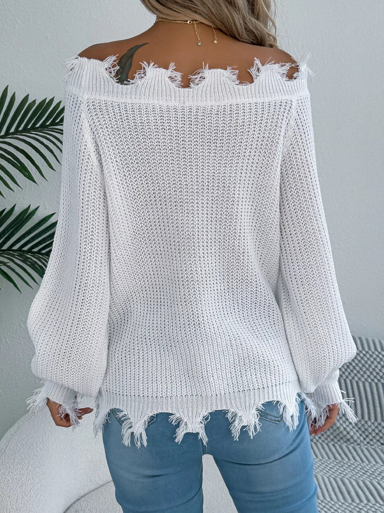 Distressed Hem Openwork Off-Shoulder Sweater 