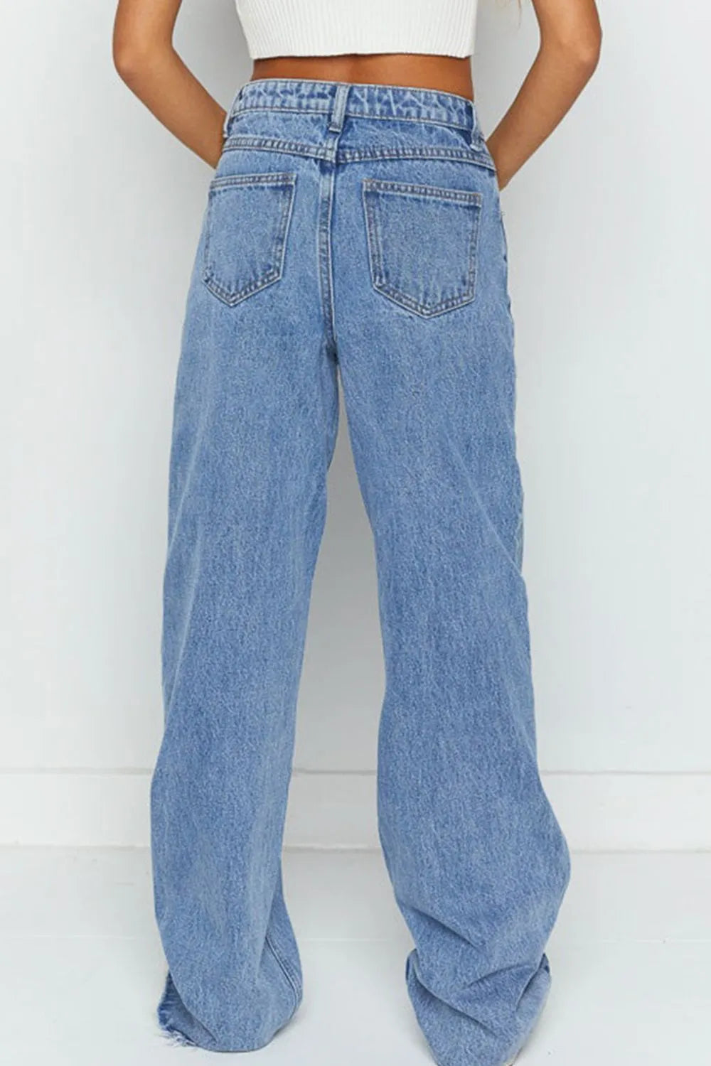 Mid Rise Asymmetrical Waist Wide Leg Jeans 