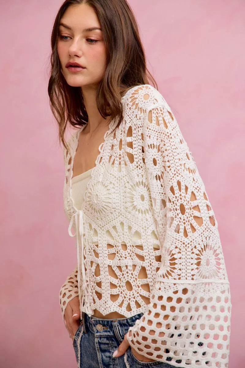 SO ME Floral Pattern Crochet Knit Tie Front Crop Cardigan 