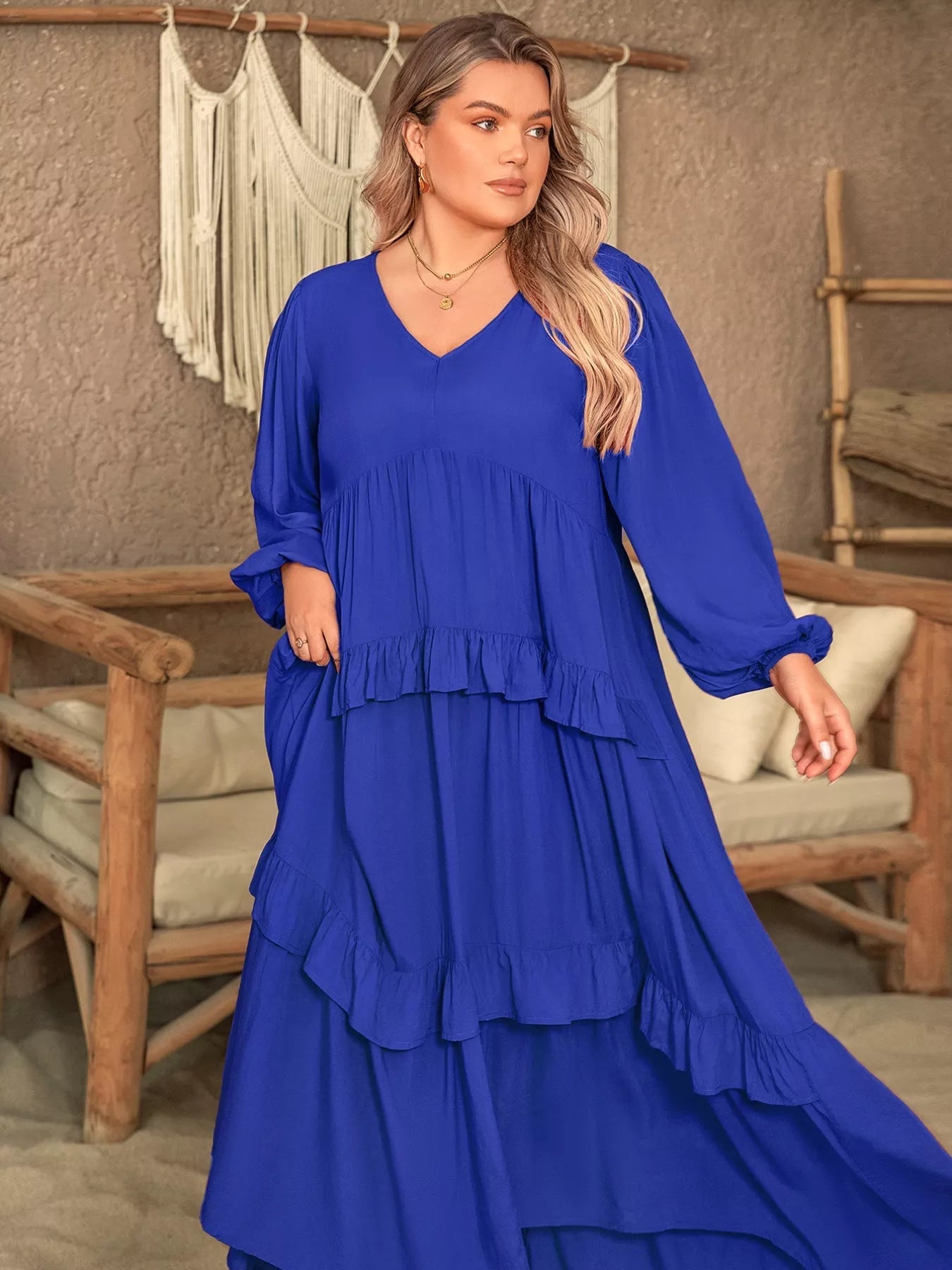 Plus Size Balloon Sleeve Ruffle Tiered Flowy Dress 