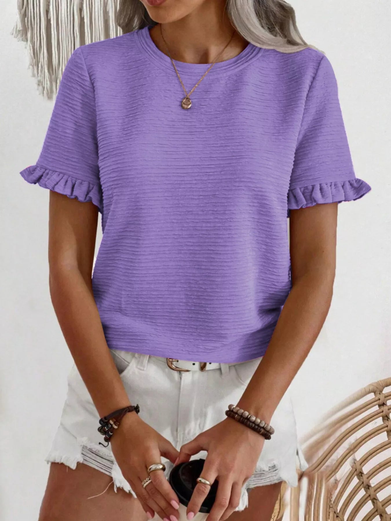 Textured Ruffle Sleeve Round Neck T-Shirt 