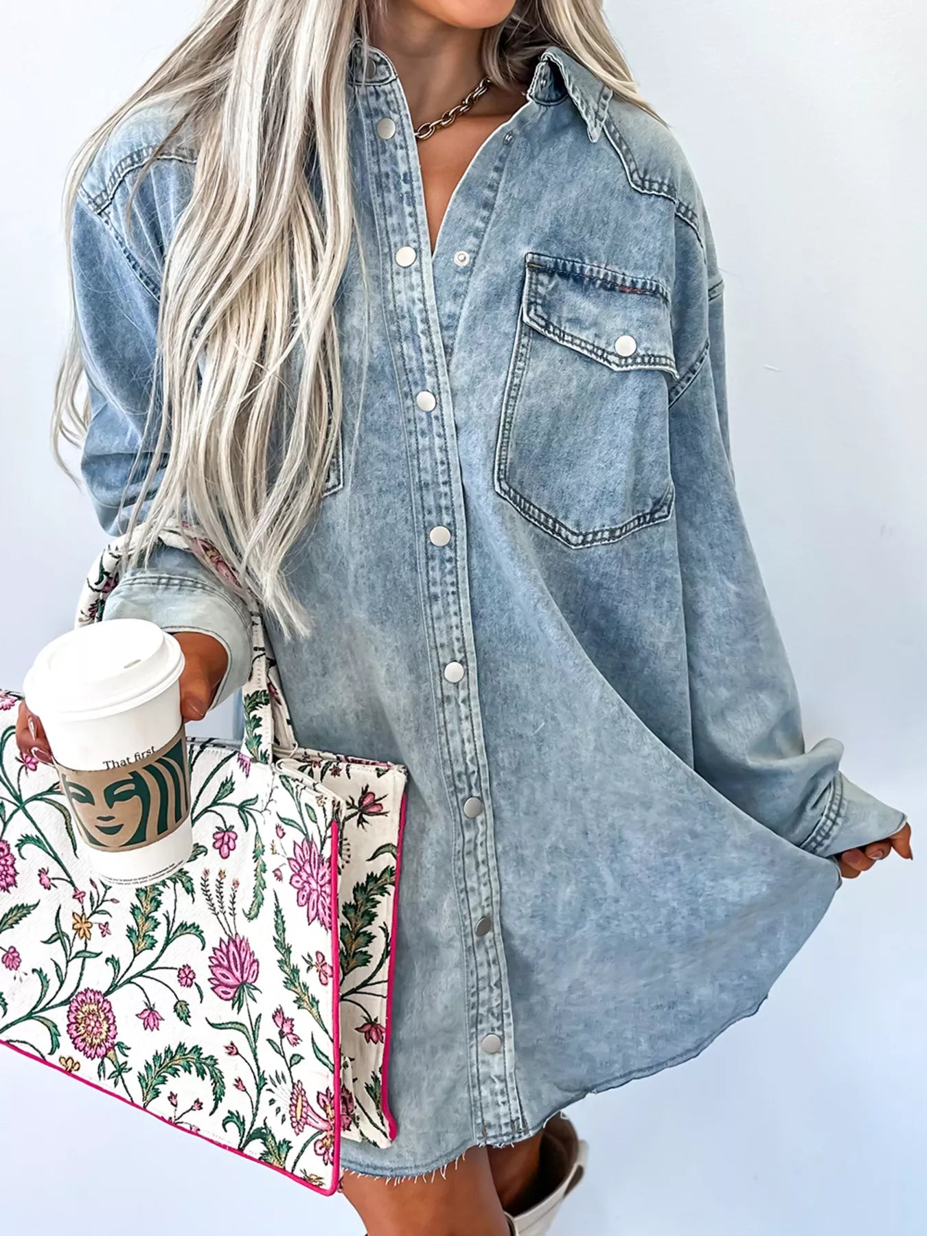 Chest Pocket Raw Hem Denim Loose Shirt Dress 