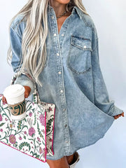 Chest Pocket Raw Hem Denim Loose Shirt Dress 