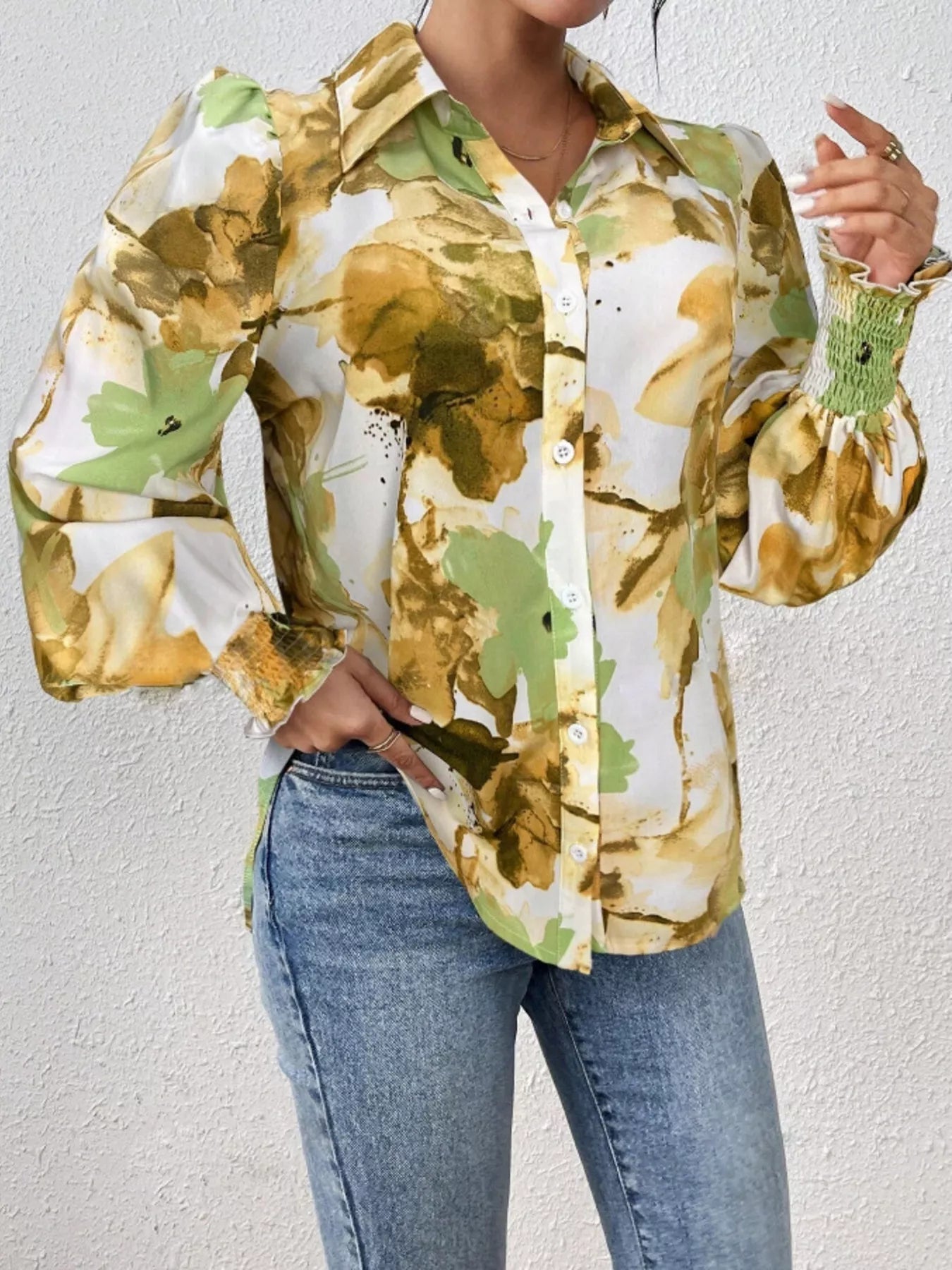 Printed Button Up Lantern Sleeve Shirt 