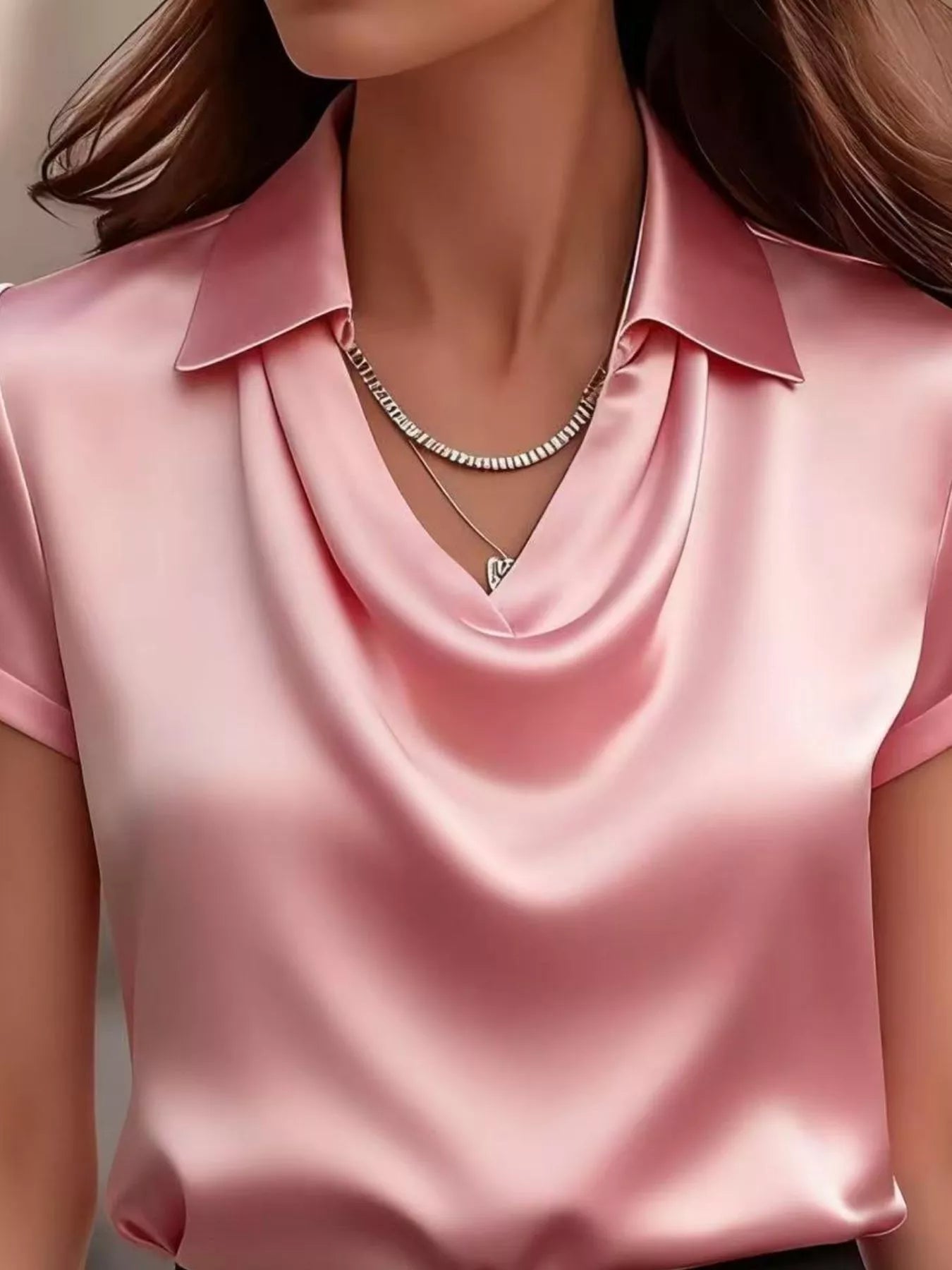 Full Size Cowl Neck Short Sleeve Satin Blouse Plus Size 