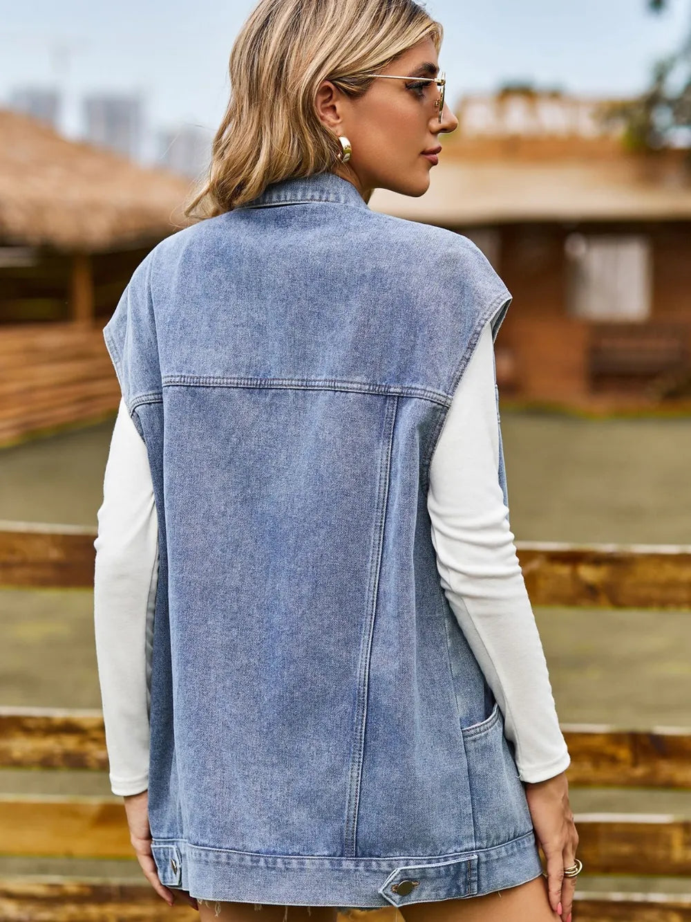 Button Up Collared Neck Sleeveless Denim Jacket 