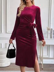 Velvet Slit Round Neck Long Sleeve Dress with Side Tie Detail 