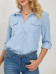 Pocketed Button Up Long Sleeve Denim Shirt 