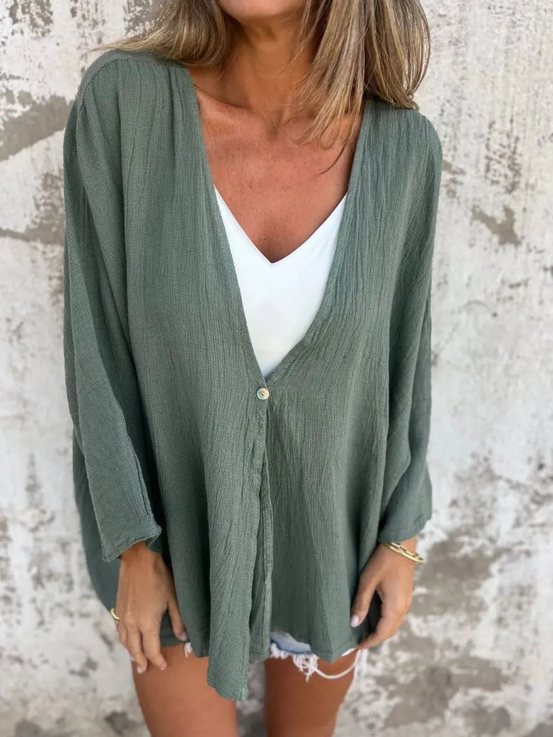 Full Size One Button Long Sleeve Shirt Plus Size 