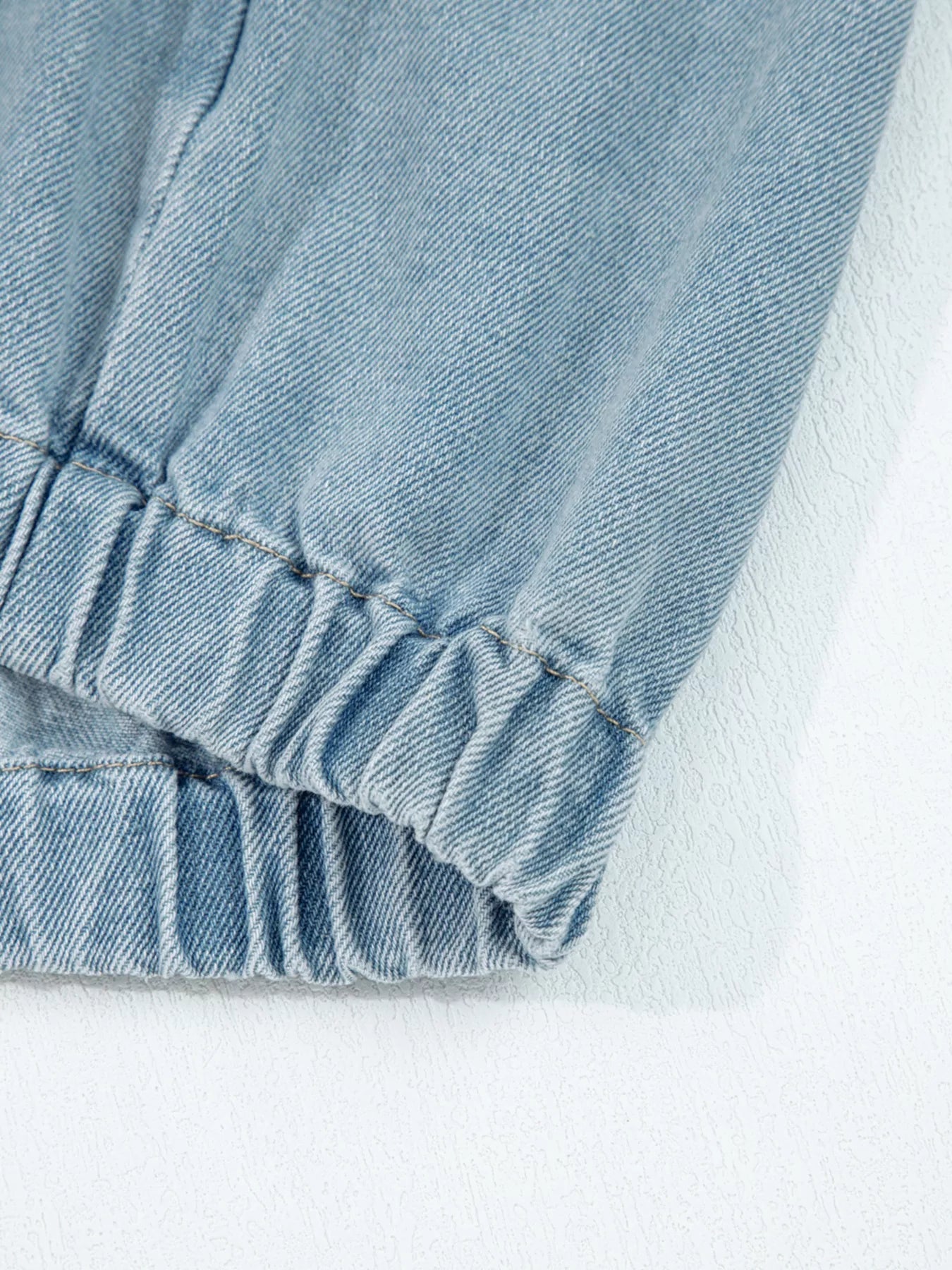 Elastic Edge Collared Zip Up Denim Jacket With Pocket 