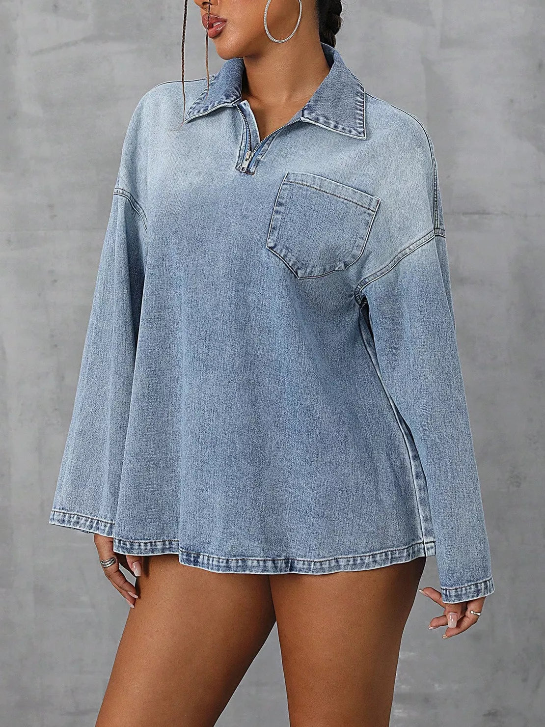 Collared Neck Drop Shoulder Denim Top 