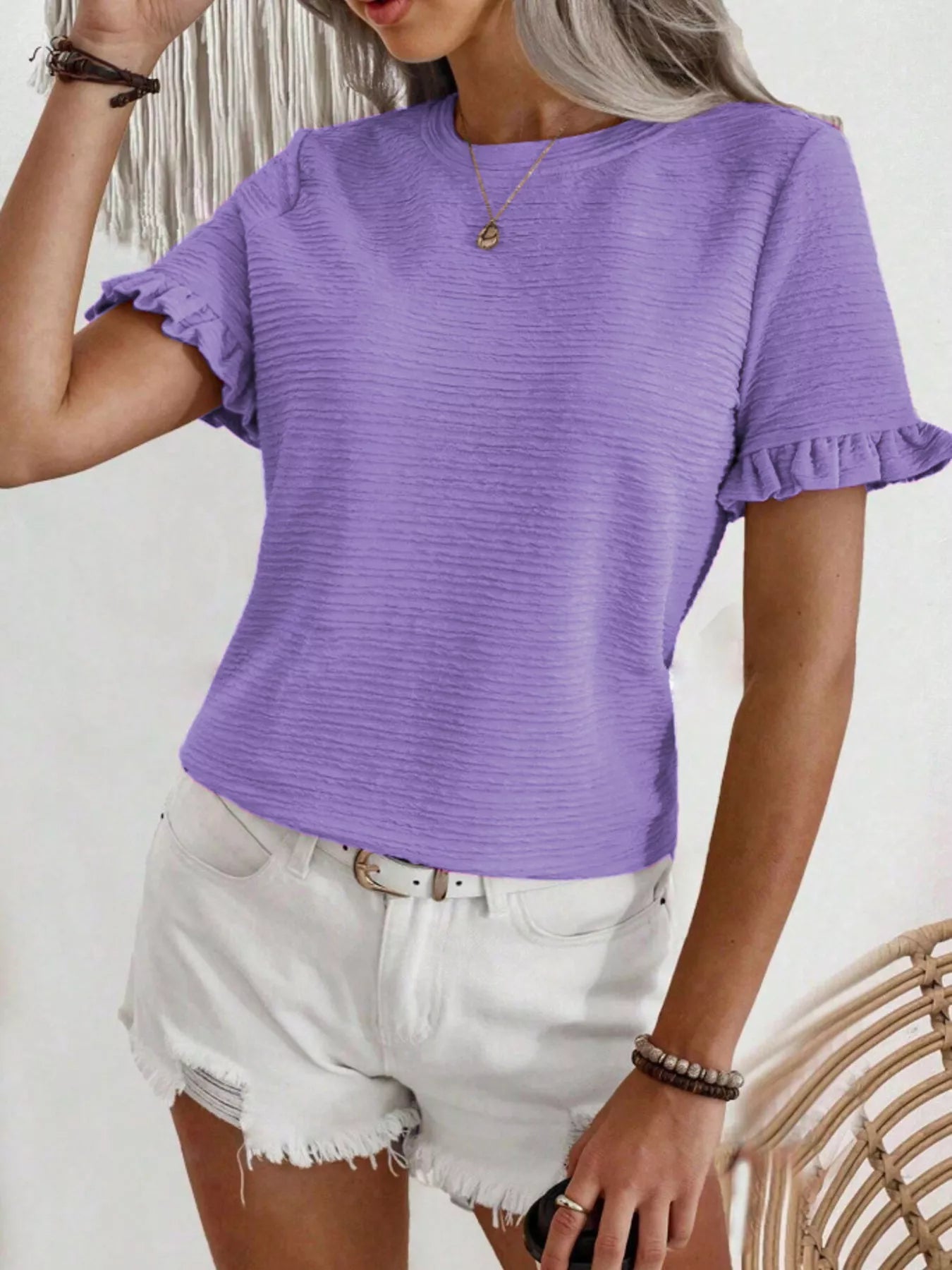 Textured Ruffle Sleeve Round Neck T-Shirt 