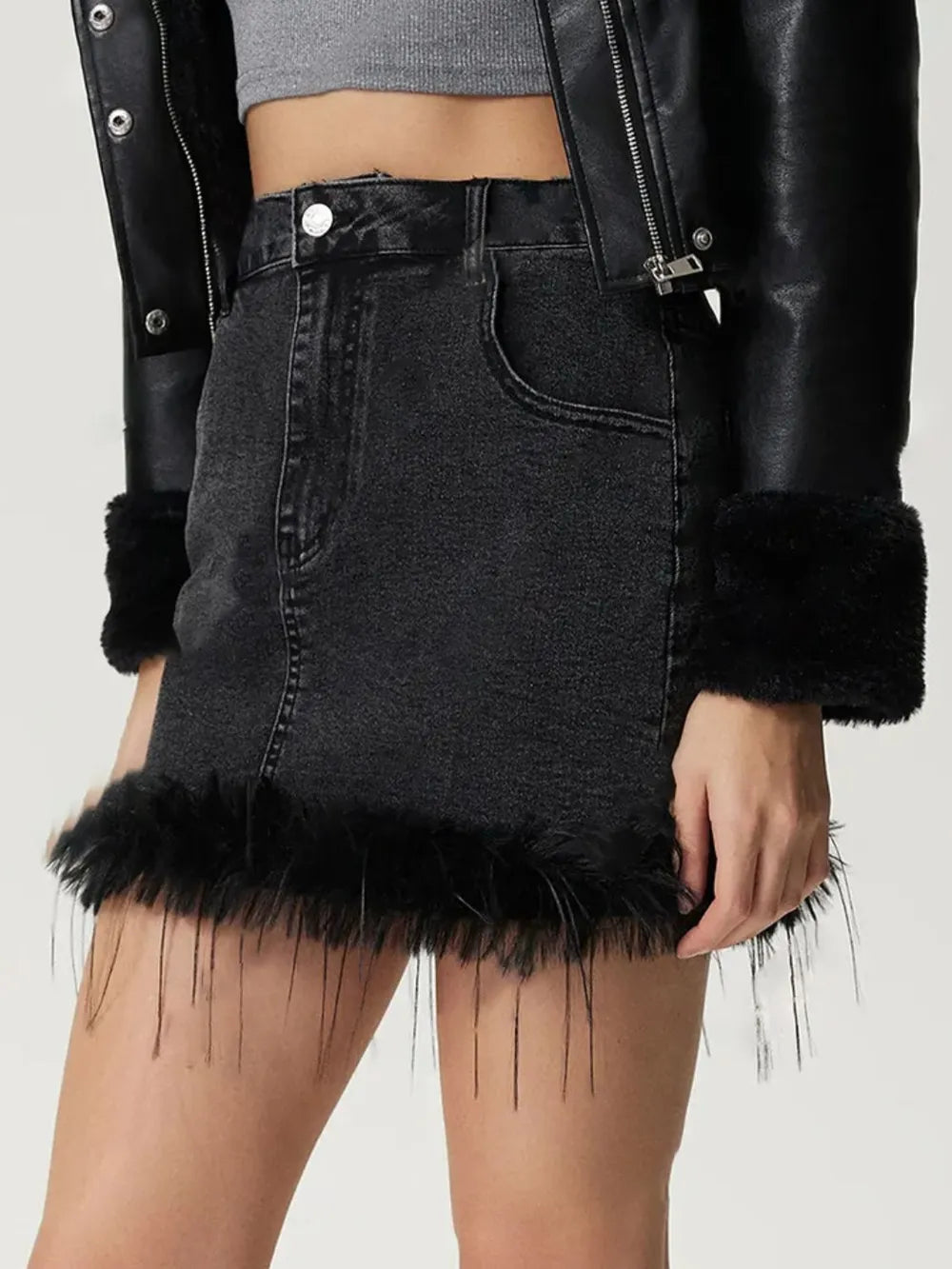 Plush Hem Mini Denim Skirt 