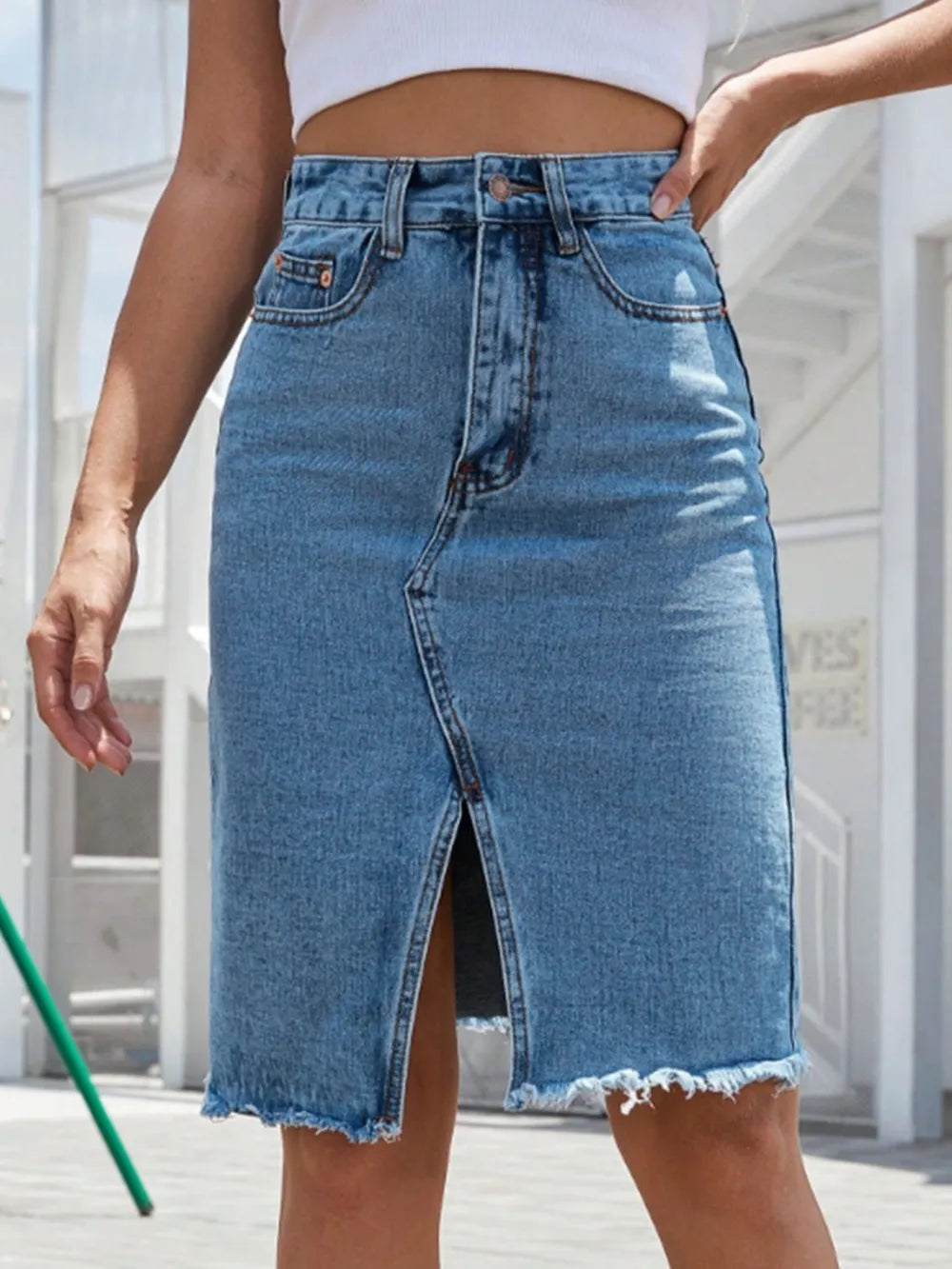Raw Hem Slit Denim Skirt 