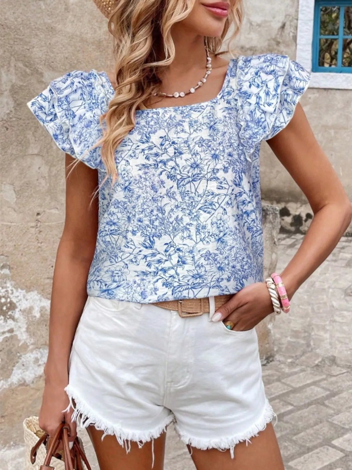 Floral Print Ruffle Trim Blouse 
