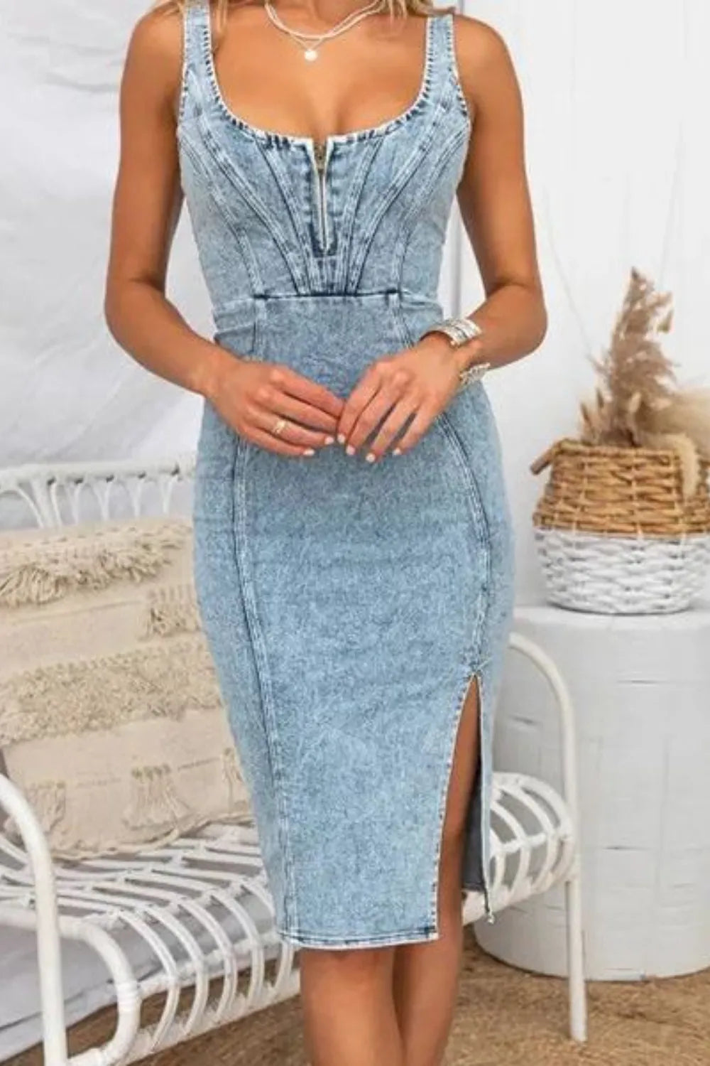 Side Slit Washed Scoop Neck Denim Dress 
