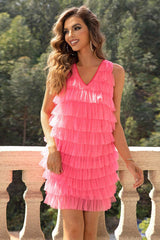 V-Neck Tiered Sleeveless Mesh Dress 