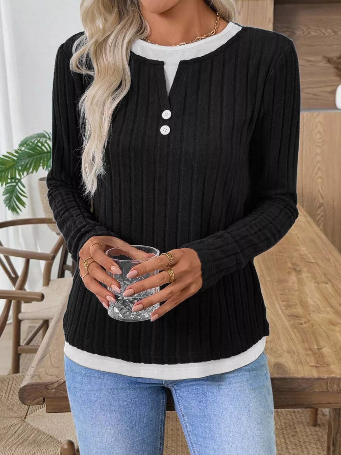 Ribbed Knit Button Detail Contrast Sweater 
