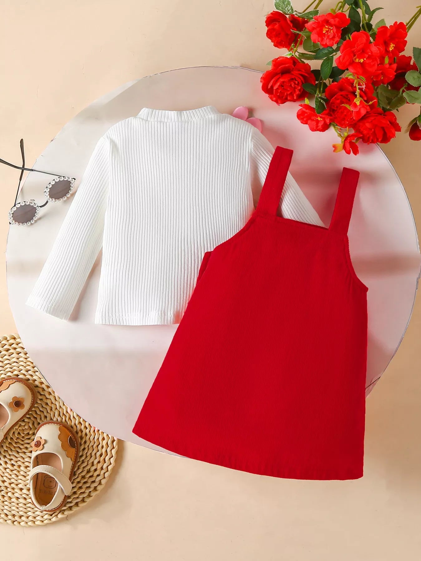 Children's Heart Decor Corduroy Overall Dress & Ribbed Top Set 