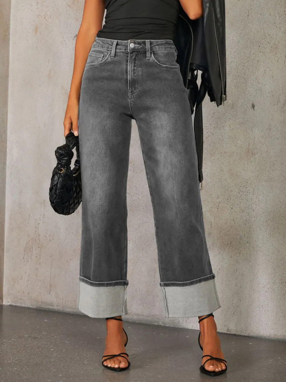 High Waisted Straight Leg Rolled Jeans 