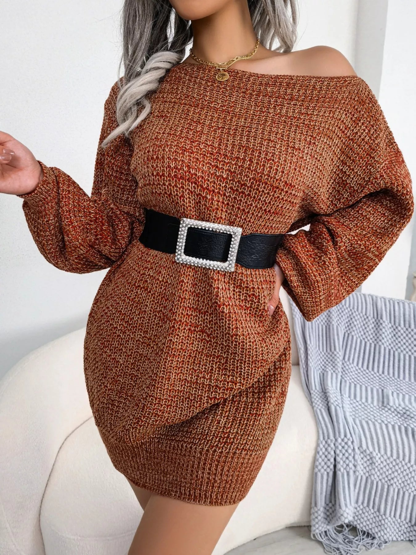 Multi-Color One-Shoulder Sweater Dress 