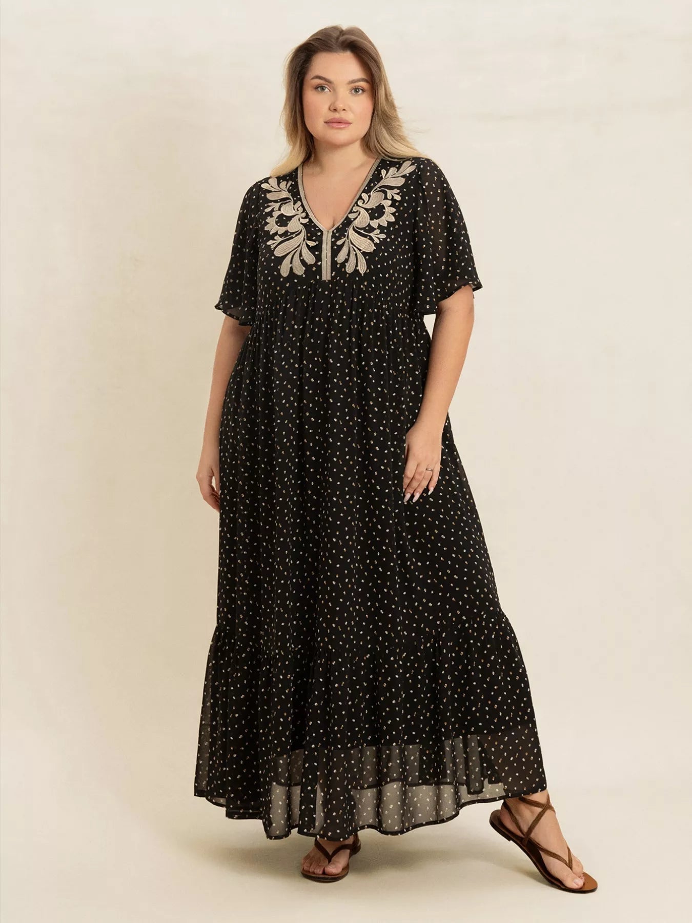 Plus Size Printed V-Neck Flutter Sleeve Maxi Dress 