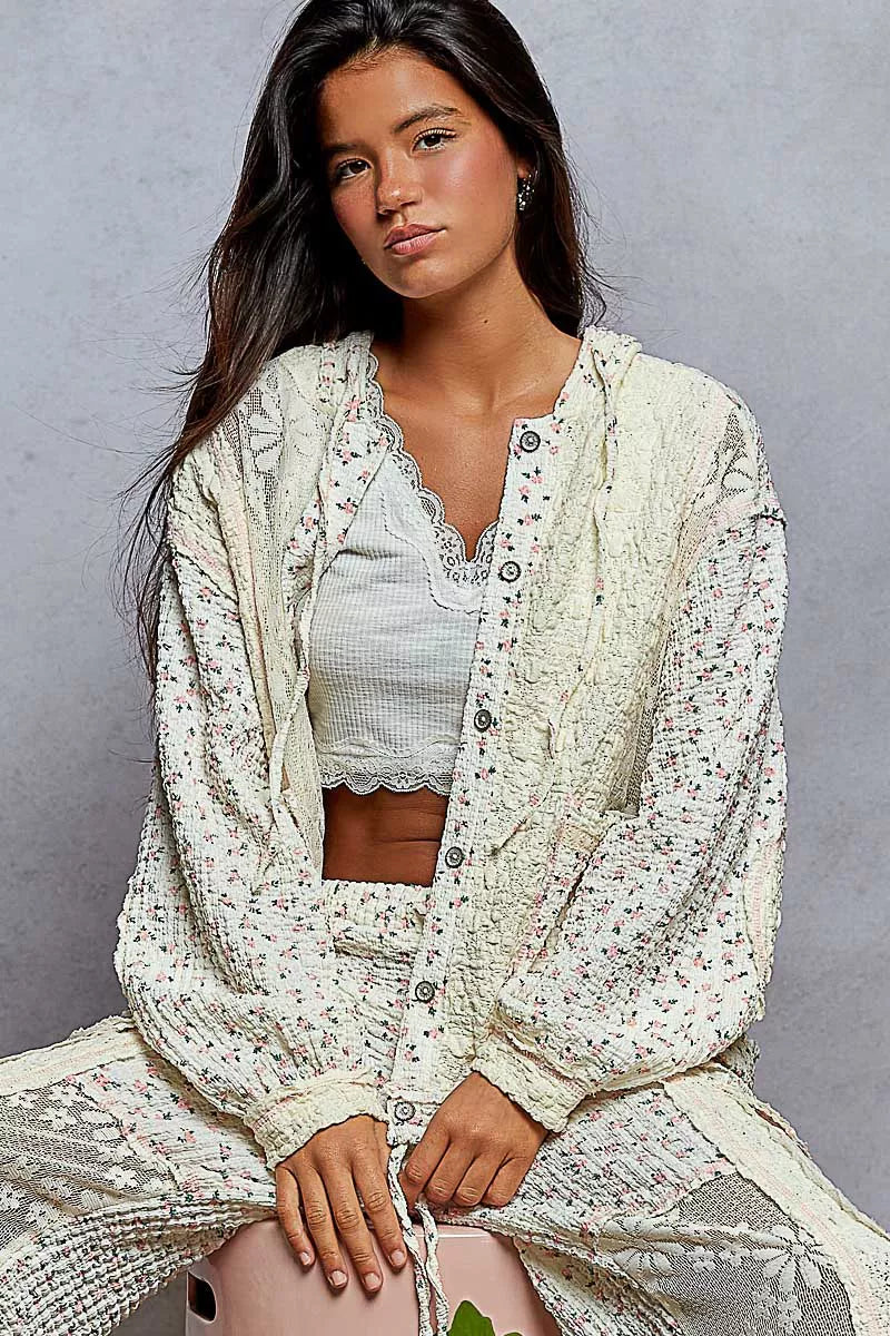 POL Floral Balloon Sleeve Hooded Lace Jacket with Stitch Detail 