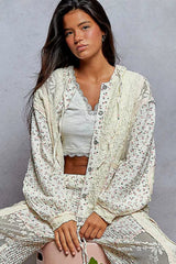 POL Floral Balloon Sleeve Hooded Lace Jacket with Stitch Detail 