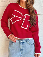 Contrast Trim Bow Accent Holiday Cropped Sweater 