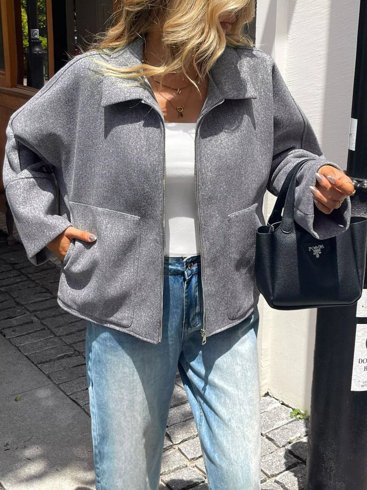 Oversized Collared Neck Zip-Up Jacket 