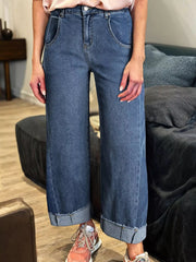 Stitched Raw Hem Wide Leg Loose Jeans 